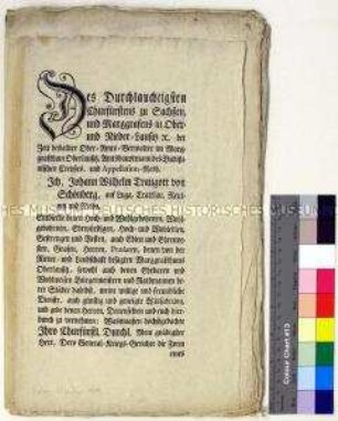 Bekanntmachung der kurfürstlichen Kriegsordnung vom 23.1.1789 durch die Oberamtsverwaltung im Markgrafentum Oberlausitz