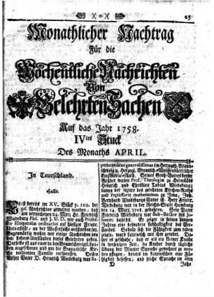 Monathlcher Nachtrag [...] IVtes Stuck Des Monaths April