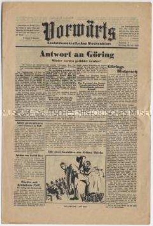 Exilausgabe der SPD-Organs "Vorwärts" u.a. zur NS-Justiz ("Görings Blutgesetz")