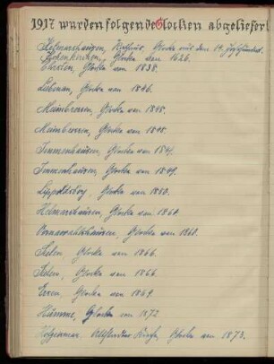 1917 wurden folgende Glocken abgeliefert