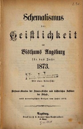 Schematismus der Geistlichkeit des Bistums Augsburg : für das Jahr ..., 1873