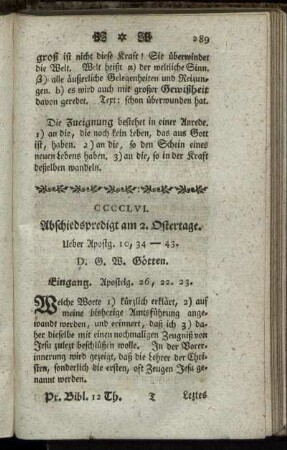 CCCCLVI. Abschiedspredigt am 2. Ostertage. Ueber Apostg. 10, 34 - 43.