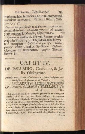 Caput IV. De Palladio, Censorino, & Julio Obsequente