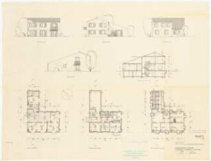 Evangelisches Gemeindezentrum, Herford: Küsterhaus: Ansichten, Schnitt IV, Kellergeschoss, Erdgeschoss, Obergeschoss 1:100