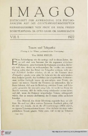 8: Traum und Telepathie : Vortrag in der Wiener psychoanalytischen Vereinigung