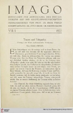 8: Traum und Telepathie : Vortrag in der Wiener psychoanalytischen Vereinigung