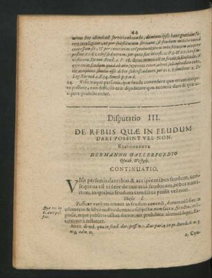 Disputatio III. De Rebus Quae In Feusum Dari Possint Vel Non. Respondente Hermanno Hallerfordio