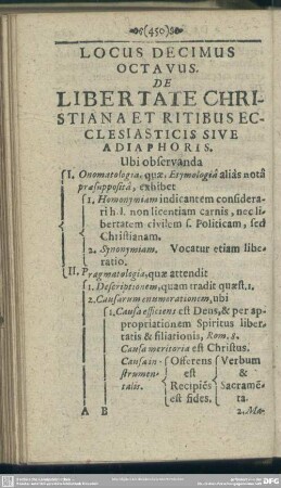 LOcus Decimus Octavus. De Libertate Christiana Et Ritibus Ecclesiasticis Sive Adiaphoris