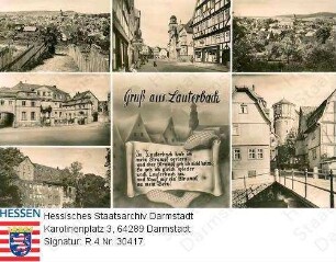 Lauterbach, verschiedene Ansichten auf Grußpostkarte / Mitte Gedichttext: 'In Lauterbach hab ich mein' Strumpf verlorn'