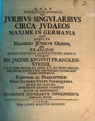 Diss. jur. de iuribus singularibus circa Judaeos, maxime in Germania