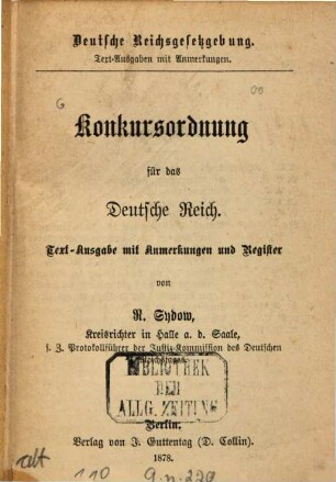 Konkursordnung für das Deutsche Reich : Text-Ausgabe mit Anmerkungen und Register