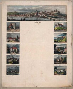 Illustierter Briefbogen mit einer Stadtansicht von Meißen im Panoramaformat und zehn kleinen Ansichten von Sehenswürdigkeiten in Meißen und Umgebung