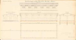 Bauhof Bredow, Stettin: Geräteschuppen: Ansicht, Grundriss, Schnitte 1:100