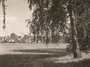 Zöschau (Oschatz-Zöschau). Ortsteilansicht mit Dorfkirche Zöschau