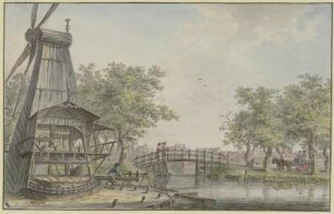 Holländische Landschaft an einem Kanal, über den eine Brücke führt