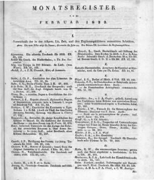 Monatsregister vom Februar 1833