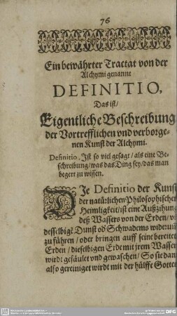 Ein bewährter Tractat von der Alchymi genannt DEFINITIO,