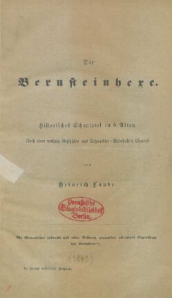 Die Bernsteinhexe : Historisches Schauspiel in 5 Akten ; Nach einer wahren Geschichte aus Schweidler-Meinhold's Chronik