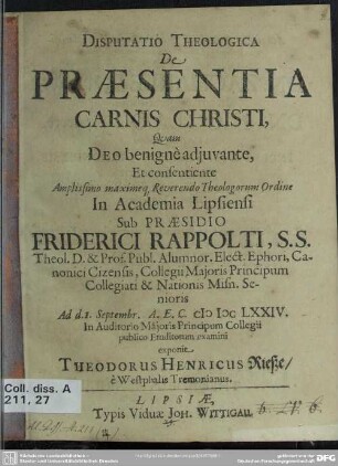 Disputatio theologica de praesentia carnis Christi