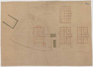 Thiersch, August ; Schliersee (Bayern); Rathaus und Gemeindehaus - Rathaus (Lageplan m. Grundriss EG, Grundriss Hochparterre, Grundriss 1. OG, Grundriss DG)