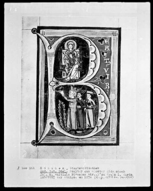 Psalterium mit Kalendarium aus Aldersbach — Initiale B (eatus vir), darin Anbetung der Könige, Folio 8recto