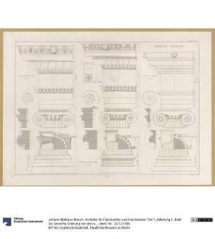 Vorbilder für Fabrikanten und Handwerker. Teil 1, Abteilung 1, Blatt 4a: Ionische Ordnung von drei antiken Bauwerken mit Konstrukionsdetails