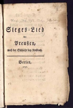 Sieges-Lied der Preußen, nach der Schlacht bey Roßbach