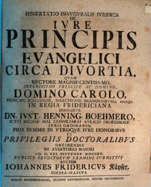 Dissertatio Inavgvralis Ivridica De Ivre Principis Evangelici Circa Divortia