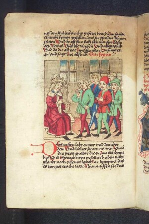 Der Königsohn empfängt seine Weggefährten vor seinem Thron; (Kapitel XV: Von des Königs Sohne und seinen Gefährten).