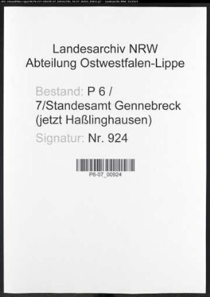 Sterberegister Standesamt Gennebreck
