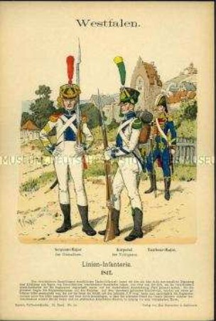 Uniformdarstellung, Sergeant-Major der Grenadiere, Korporal der Voltigeure, Tambour-Major des Linien- Infanterie-Regiments, Königreich Westphalen, 1812.
