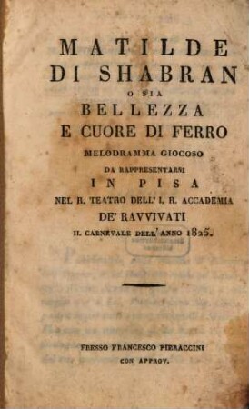 Matilde di Shabran o sia Bellezza e cuore di ferro : Melodramma giocoso