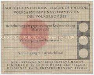 Abstimmungsschein zur Saarabstimmung 1935 (Muster)