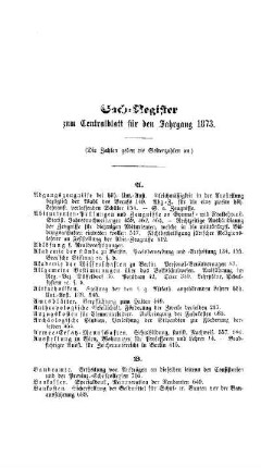 Sach-Register zum Centralblatt für den Jahrgang 1873