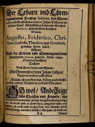 Der Erbarn ... Frauen Sabinen ... Herrn Johan Volharts ... Witben ...