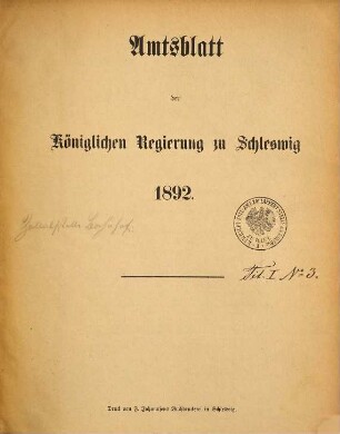 Amtsblatt der Regierung in Schleswig. 1892