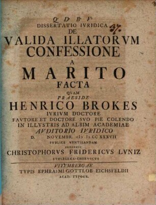 Dissertatio Ivridica De Valida Illatorvm Confessione A Marito Facta