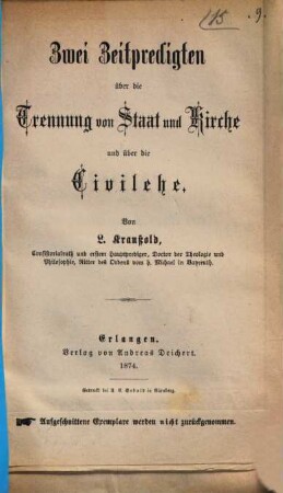 Zwei Zeitpredigten über die Trennung von Staat und Kirche und über die Civilehe