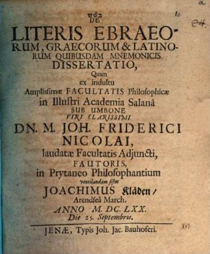 De Literis Ebraeorum, Graecorum & Latinorum Quibusdam Mnemonicis Dissertatio