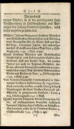 Verzeichniß einiger Bücher, so in der privilegirten Hof-Buchhandlung zu Hildburghausen und Meiningen bey Johann Gottfried Hanischen, nebst vielen mehrern zu haben sind