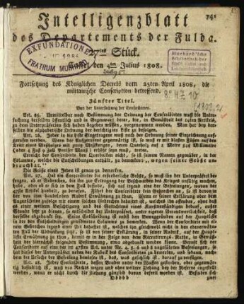 27tes Stück. Cassel den 4ten Julius 1808