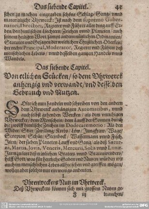 Das siebende Capitel. Von etlichen Stücken/ so dem Uhrweck anhengig und verwandt/ und desselben Gebrauch und Nutzen.