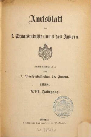Amtsblatt des Königlichen Staatsministeriums des Innern. 16. 1888