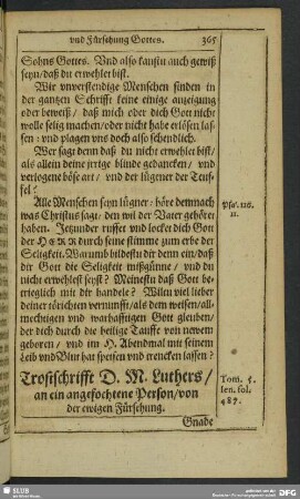Trostschrift D. M. Luthers, an eine angefochtene Person, von der ewigen Fühsehung