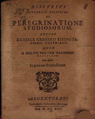 Discvrsvs Historico-Politicus De Peregrinatione Studiosorum