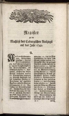 Register zu der Nachlese des Coburgischen Auszugs auf das Jahr 1749.