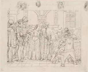 Zu Shakespeares "Othello", Blatt 3, 1. Akt, 3. Szene: Desdemona zwischen Othello und Brabantio, am Tisch die Ratsversammlung
