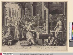 [Seide spinnende Frauen verschiedenen Alters; Women of various ages spinning silk]