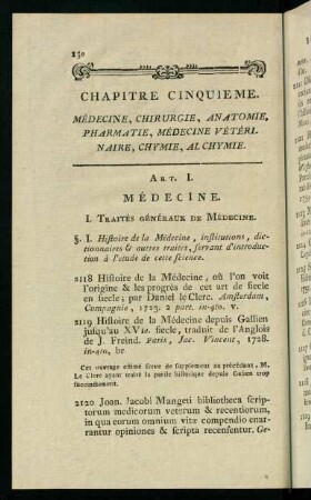 130-159, Chapitre Cinquieme. Médecine, Chirurgie, Anatomie, Pharmatie, Médicine Vétéri, Maire, Chymie, Alchymie.