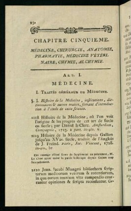130-159, Chapitre Cinquieme. Médecine, Chirurgie, Anatomie, Pharmatie, Médicine Vétéri, Maire, Chymie, Alchymie.